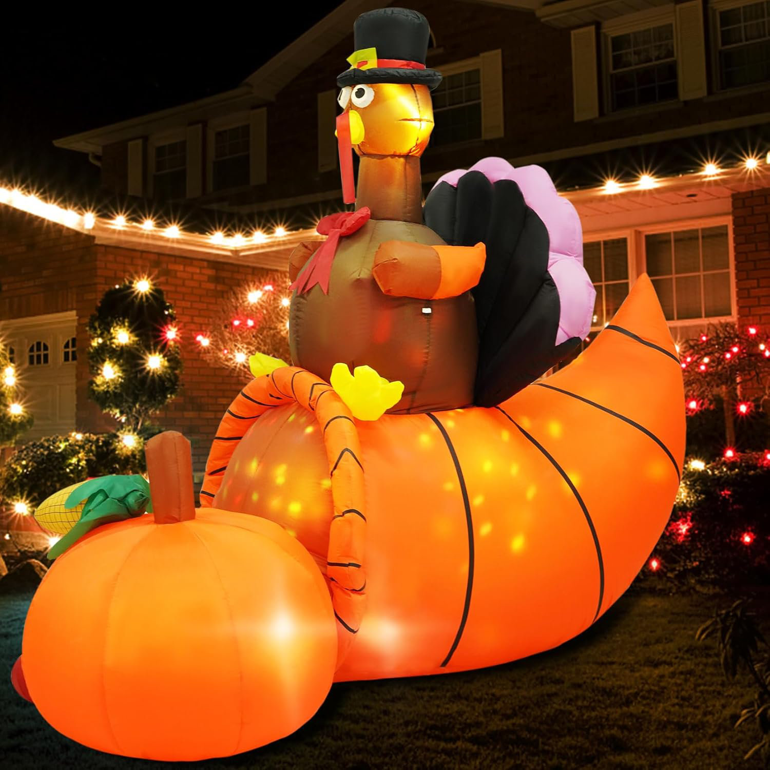 The Holiday Aisle Inflatable Turkey Yard Decorations Thanksgiving Inflatables 7FT Long Giant Blow Up Turkey On Cornucopia With Built In LED Rotating Lights For Fall Lawn Party Holiday Decorations Outd...
